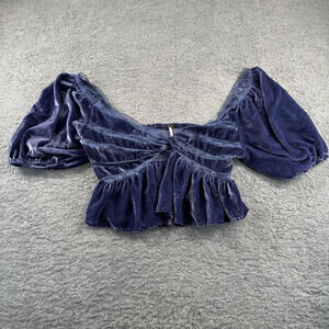 Free People Purple Velvet Puff Sleeve Crop Top Large Coquette Romance Whimsy